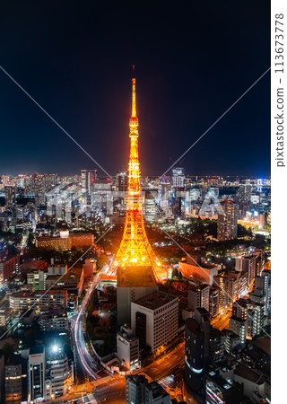 燈光照亮的東京鐵塔美麗的夜景 燈光照亮的東京鐵塔美麗的夜景 113673778