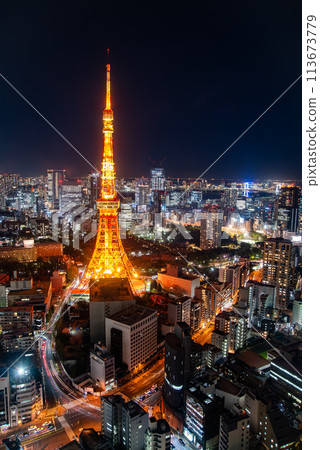 燈光照亮的東京鐵塔美麗的夜景 燈光照亮的東京鐵塔美麗的夜景 113673779