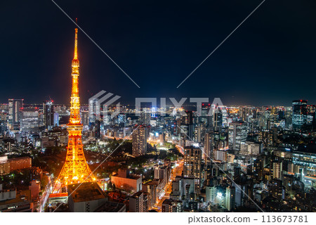 燈光照亮的東京鐵塔美麗的夜景 燈光照亮的東京鐵塔美麗的夜景 113673781
