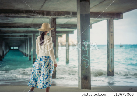 在夏威夷歐胡島碼頭下行走的婦女 113673806