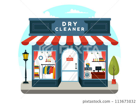 Dry Cleaning Store Service Vector Illustration with Washing Machines, Dryers and Laundry for Clean Clothing in Flat Cartoon Background Design 113673832