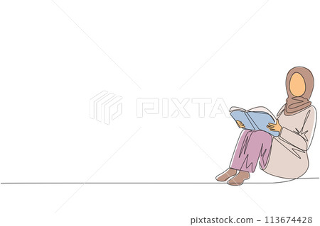 Continuous one line drawing Arab woman sitting reading book. New hobby of reading books help to relax. One book one day. Good habits. Book festival concept. Single line draw design vector illustration Continuous one line drawing Arab woman sitting reading book. New hobby of reading books help to relax. One book one day. Good habits. Book festival concept. Single line draw design vector illustration 113674428