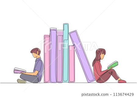 Single continuous line drawing man woman reading sitting leaning against a pile of books. Habit of reading books every day. Library. Good habit. Book festival concept. One line vector illustration Single continuous line drawing man woman reading sitting leaning against a pile of books. Habit of reading books every day. Library. Good habit. Book festival concept. One line vector illustration 113674429