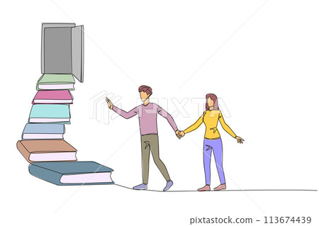 Single one line drawing man woman climb the stairs from the book stack. Towards the wide open door. Metaphor of finding answers from books. Book festival. Continuous line design graphic illustration Single one line drawing man woman climb the stairs from the book stack. Towards the wide open door. Metaphor of finding answers from books. Book festival. Continuous line design graphic illustration 113674439