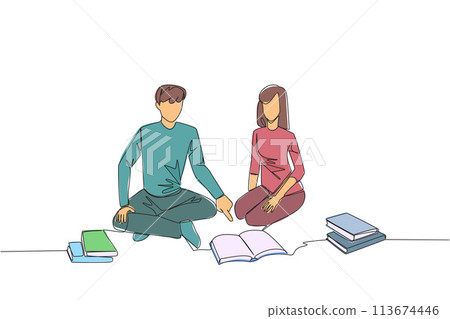 Single continuous line drawing man woman reading books happily. Good reading interest. Really enjoy reading story books. Reading everywhere. Book festival concept. One line design vector illustration 113674446