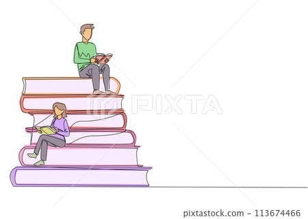 Single one line drawing man woman sitting on a pile of books reading a book. High interest in reading. Opening horizons of thinking. Book festival concept. Continuous line design graphic illustration 113674466