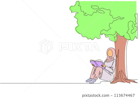 Continuous one line drawing Arab woman sitting reading book under shady tree. Continuing second volume of the fiction story book. Enjoy reading. Book festival. Single line design vector illustration 113674467