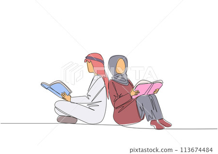 Single continuous line drawing Arab man woman sitting while reading the book. Reading the books to learn. The fast learner. Book festival concept. Happy reading. One line design vector illustration Single continuous line drawing Arab man woman sitting while reading the book. Reading the books to learn. The fast learner. Book festival concept. Happy reading. One line design vector illustration 113674484