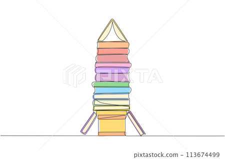 Continuous one line drawing stacked books form a rocket. Space book festival concept. Guidebook for carrying out expedition missions. Technology. Vehicle. Single line draw design vector illustration Continuous one line drawing stacked books form a rocket. Space book festival concept. Guidebook for carrying out expedition missions. Technology. Vehicle. Single line draw design vector illustration 113674499