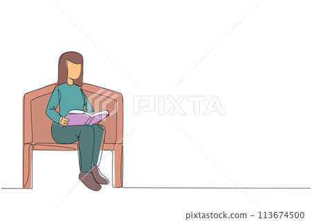 Continuous one line drawing woman sitting and reading on chair in university park. Prepare for the final exams with serious reading. Book festival concept. Single line draw design vector illustration Continuous one line drawing woman sitting and reading on chair in university park. Prepare for the final exams with serious reading. Book festival concept. Single line draw design vector illustration 113674500