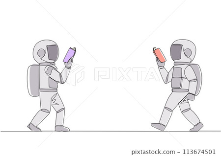 Single continuous line drawing two astronauts walking face to face reading books. Gesture of memorizing something from a book. Addicted to reading. Book festival. One line design vector illustration Single continuous line drawing two astronauts walking face to face reading books. Gesture of memorizing something from a book. Addicted to reading. Book festival. One line design vector illustration 113674501