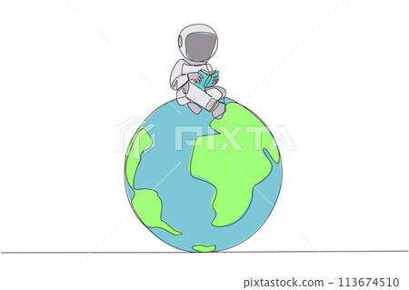 Single continuous line drawing astronaut sitting on big globe reading a book. The metaphor of reading can reach the world. Read everywhere. Book festival concept. One line design vector illustration Single continuous line drawing astronaut sitting on big globe reading a book. The metaphor of reading can reach the world. Read everywhere. Book festival concept. One line design vector illustration 113674510