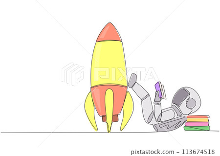Single continuous line drawing astronaut lying on back while reading a book. Eliminate nervous by relaxing by reading a fiction book. Very good habit. Space book festival. One line vector illustration 113674518
