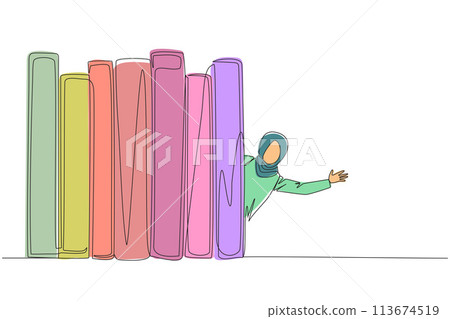 Single one line drawing Arabian woman appears from behind a row of books. Invitation to read books at the library. Like to reading a book. Book festival concept. Continuous line graphic illustration 113674519
