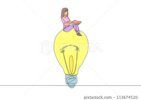 Continuous one line drawing woman sitting on big lightbulb. Read with focus and serious. Metaphor looking for brilliant ideas from scientific books. Book festival. Single line draw vector illustration 113674520