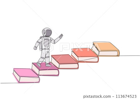 Continuous one line drawing astronaut climb stairs from books. Reading increases knowledge which can increase the dignity of better life. Book festival concept. Single line design vector illustration Continuous one line drawing astronaut climb stairs from books. Reading increases knowledge which can increase the dignity of better life. Book festival concept. Single line design vector illustration 113674523
