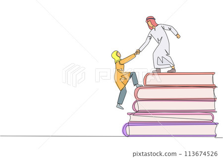 Continuous one line drawing Arab man helps Arab woman climb pile of books. Concept of helping each other to succees together. Knowledge source book. Book festival. Single line draw vector illustration 113674526