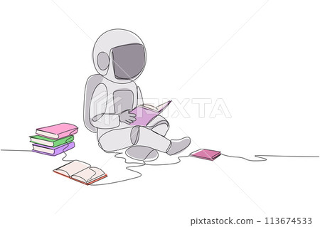 Single continuous line drawing astronaut sitting relax in library reading lot of books. Looking for answers to assignments. Hobby reading. Book festival concept. One line design vector illustration Single continuous line drawing astronaut sitting relax in library reading lot of books. Looking for answers to assignments. Hobby reading. Book festival concept. One line design vector illustration 113674533
