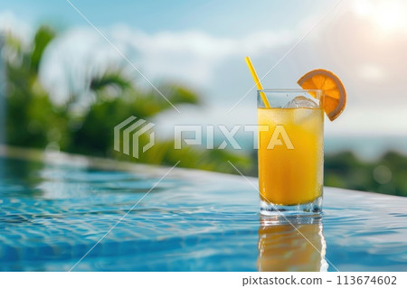 photograph of a cocktail by the pool on a sunny day and leaving space on the right. Generative AI 113674602