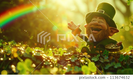 leprechaun surrounded by piles of gold in a field of four leaf clovers Rainbow abound. Generative AI 113674632