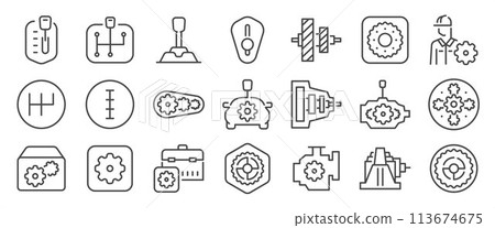 Gearbox icon set. It includes process, gear, gears, manual transmission, automatic, transmission shaft, case, and more icons. Editable Vector Stroke. Gearbox icon set. It includes process, gear, gears, manual transmission, automatic, transmission shaft, case, and more icons. Editable Vector Stroke. 113674675