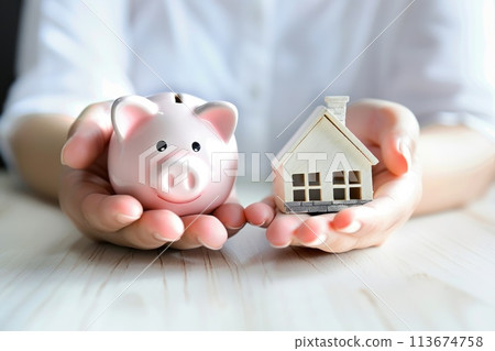 A person is holding a piggy bank and a house 113674758