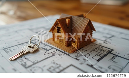 A small house is on top of a blueprint. A key is placed on the blueprint next to the house 113674759