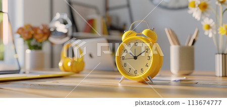 A yellow alarm clock sits on a wooden desk next to a laptop and a cup 113674777