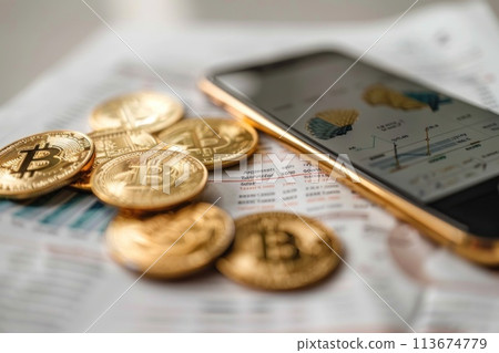 A phone and a pile of gold coins sit on a table 113674779