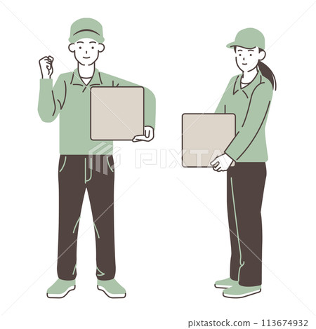 Illustration material of male and female delivery staff delivering packages with a smile 113674932