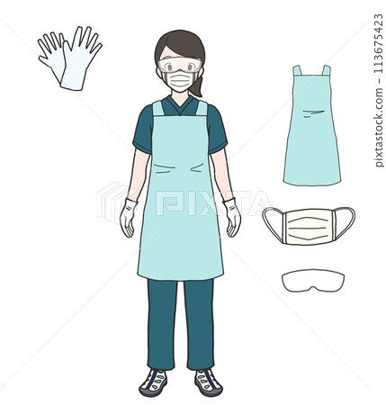 穿著制服的人（圍裙、口罩、護目鏡、手套） 113675423