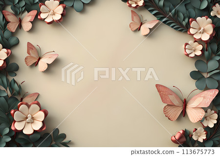 frame of clover leaves view butterflies 3d background landscape wallpaper 113675773