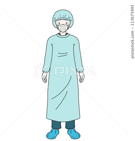 Person in uniform (hat, gown, goggles, mask, gloves, shoe covers) 113675995
