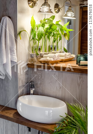 Bathroom design in loft or boho style with sink, towels and Spathiphyllum flowers in vase Bathroom design in loft or boho style with sink, towels and Spathiphyllum flowers in vase 113676058