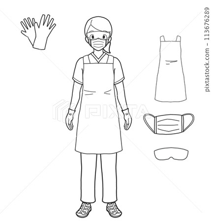 穿著個人防護裝備(PPE)的人的插圖素材(線圖) 穿著個人防護裝備(PPE)的人的插圖素材(線圖) 113676289