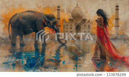 collage of Indian woman and Taj Mahal 113676299
