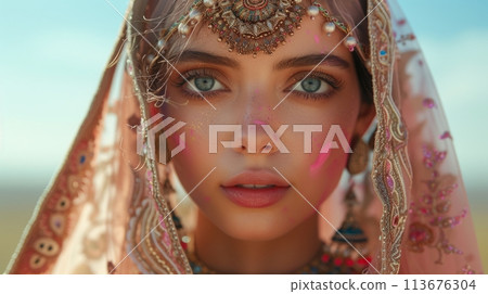 collage of Indian woman and Taj Mahal 113676304