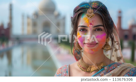 collage of Indian woman and Taj Mahal 113676306