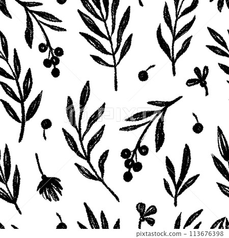 Floral leaf seamless black pattern vector background. Hand drawn crayon abstract texture paint tree leaf seamless brush pattern. Black, white texture leaves floral print. Vector 113676398