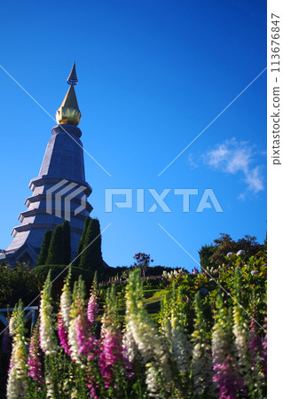 Lanscape of the pagoda on the mountain called Maha Chedi Nopponphumsiri, on Doi Inthanon , a Famous place travel of Chiang Mai, Northern Thailand. Lanscape of the pagoda on the mountain called Maha Chedi Nopponphumsiri, on Doi Inthanon , a Famous place travel of Chiang Mai, Northern Thailand. 113676847