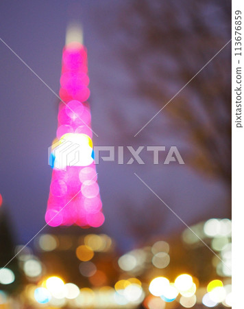 Bokeh image taken from the TV tower in Odori Park in central Sapporo. Hokkaido Prefecture Japan For use in making background images 113676859