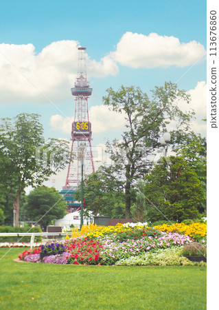 the TV tower in Odori Park in central Sapporo. Hokkaido Prefecture Japan For use in making background images 113676860
