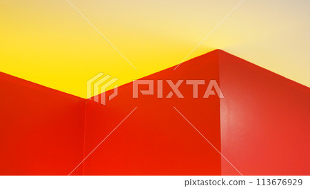 picture shot from wall, Abstract of the trichrome geometric of orange, yellow and gray texture Background picture shot from wall, Abstract of the trichrome geometric of orange, yellow and gray texture Background 113676929