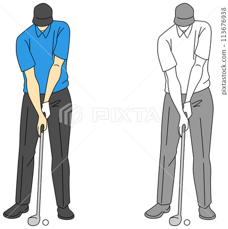 Set of color and monochrome illustrations of male golfers Set of color and monochrome illustrations of male golfers 113676938