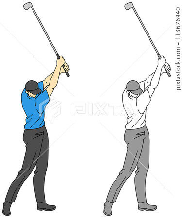 Set of color and monochrome illustrations of male golfers 113676940