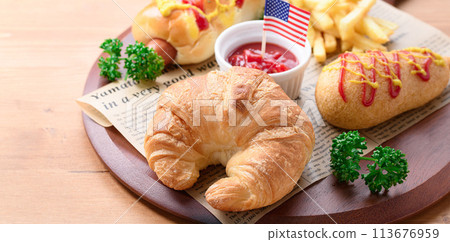 Croissant, corn dog and wiener roll 113676959