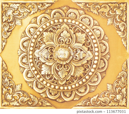 Texture Of gold metals flower carved vintage background. Ornament of gold plated vintage floral 113677031