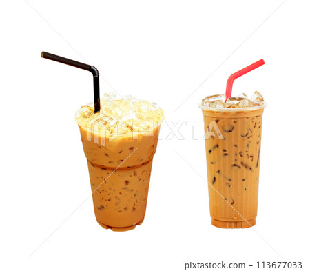 Iced cappuccino coffee on plastic glass cup isolated white background Iced cappuccino coffee on plastic glass cup isolated white background 113677033