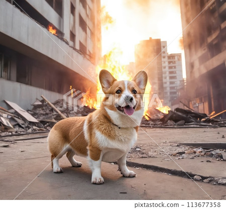 Image of dog and fire,Welsh corgi, a breed of dog, rescuer, fireman, natural disaster, animals. Generative Ai 113677358