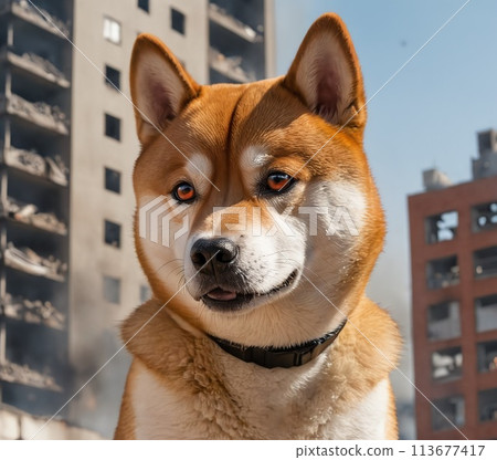 Image of dog and fire, Shiba inu, a breed of dog, rescuer, fireman, natural disaster, animals. Generative Ai 113677417